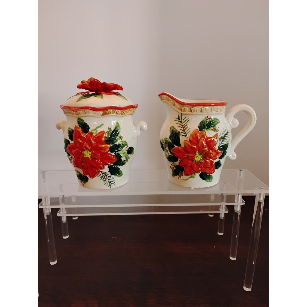 Holiday Ceramic Sugar and Creamer Set Poinsettia Christmas Floral Red White